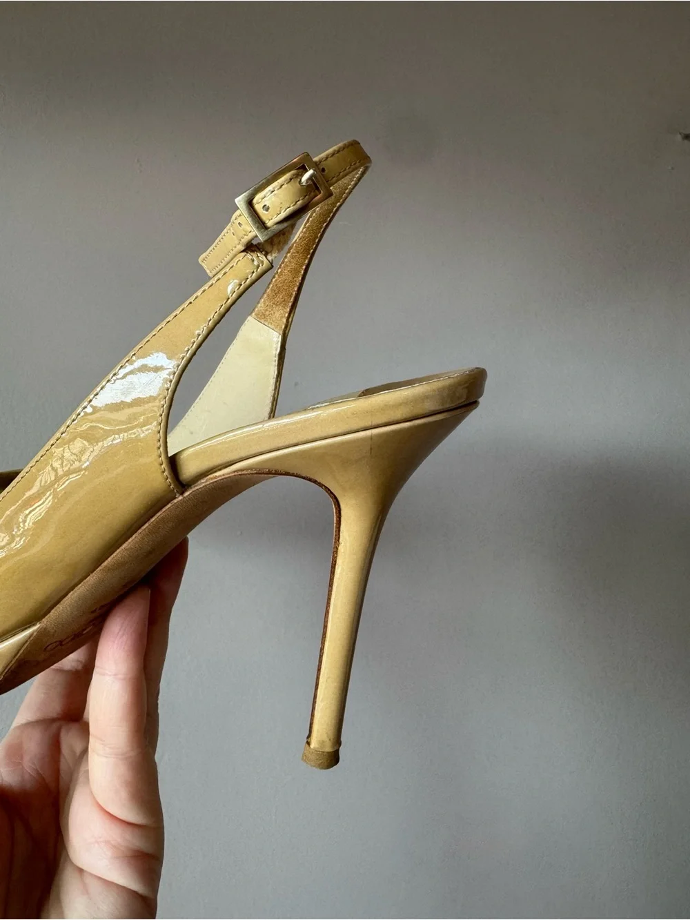 Jimmy Choo Women’s Nude‎ Patent Leather Peep Toe Slingback Heels Pumps Size 37.5